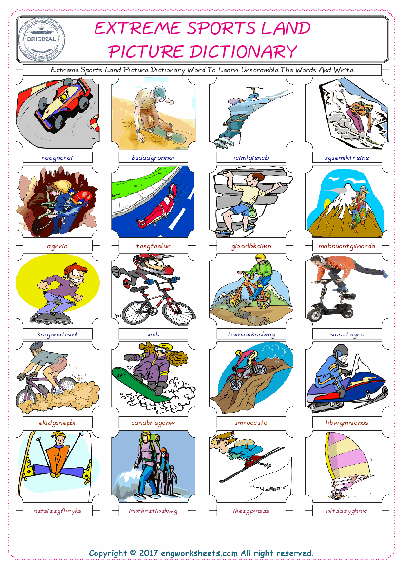  Extreme Sports Land ESL Worksheets For kids, the exercise worksheet of finding the words given complexly and supplying the correct one. 